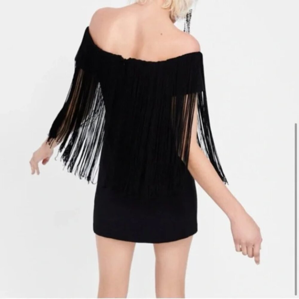✰ Black Fringed Zara Mini Dress - Off the Shoulder with Festival-Ready Style ✰